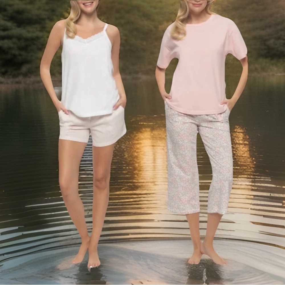 Felina Soft Stretch 100% Cotton Comfort Pink 4Piece Sleep Set Pajamas w Pockets